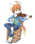 anthro barefoot blue_bottomwear blue_clothing blue_jacket blue_pants blue_topwear bottomwear bowed_string_instrument chair clothed clothing dragon feet fur furniture furred_dragon green_clothing green_topwear hair hi_res jacket kuttoyaki male mouth_closed musical_instrument narrowed_eyes on_chair orange_eyes orange_hair pants playing_music playing_violin simple_background sitting sitting_on_chair solo string_instrument topwear violin white_background white_body white_fur yellow_body yellow_fur 