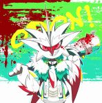  3_fingers arm_blades blood blood_on_face blood_on_weapon blood_splatter bodily_fluids chest_horn clothing club_(weapon) collar exclamation_point eyeshadow fingers fur fur_clothing gallade generation_4_pokemon generation_8_pokemon gesture graffiti head_crest holding_object holding_weapon hoodie humanoid hybrid hybrid_pokemon jacket looking_at_viewer makeup male melee_weapon motion_lines nintendo obstagoon odon_(sirgallade) paint pokemon pokemon_(species) red_body red_eyes red_fur ring_(jewelry) sharp_teeth shiroganeryo_(artist) solo spiked_club spiked_collar spikes spikes_(anatomy) spray_paint teeth threatening threatening_viewer throat_slash topwear waist_up weapon weapon_on_shoulder white_body 