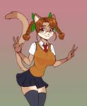  absolute_territory absurd_res anthro big_breasts braided_hair breasts clothing domestic_cat eyewear felid feline felis female gesture glasses hair hi_res legwear looking_at_viewer mammal necktie pigtails school_uniform scorpdk solo thigh_highs twin_braids uniform v_sign 