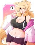  1girl animal_ear_fluff animal_ears arknights ashy_(dankestsin) black_bra black_shorts blemishine_(arknights) blonde_hair bra breasts cleavage commentary english_commentary heart highres horse_ears horse_tail jacket large_breasts linea_alba long_hair looking_at_viewer midriff navel off_shoulder open_clothes open_jacket open_mouth ponytail short_shorts shorts solo spoken_heart sports_bra tail underwear w white_jacket yellow_eyes 