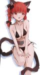 absurdres against_wall animal_ears bikini blunt_bangs braid breasts cat_ears cat_tail cleavage drop_shadow extra_ears foot_out_of_frame foot_up highres kaenbyou_rin large_breasts multiple_tails nail_polish nekomata open_mouth red_eyes red_hair red_nails reddizen simple_background standing standing_on_one_leg swimsuit tail touhou twin_braids two_tails white_background 