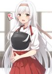  1girl akahi242 blush brown_eyes hakama hakama_skirt headband heart highres japanese_clothes kantai_collection long_hair looking_at_viewer muneate open_mouth red_hakama short_sleeves shoukaku_(kancolle) shoukaku_kai_ni_(kancolle) skirt smile solo spoken_heart tasuki white_hair 