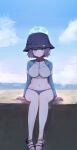  1girl absurdres arm_support bare_legs bikini blue_archive blue_bikini blush breasts bucket_hat halo hat highres kuahri large_breasts long_sleeves looking_at_viewer navel official_alternate_costume outdoors purple_hair raglan_sleeves rash_guard saki_(blue_archive) saki_(swimsuit)_(blue_archive) sitting solo stomach swimsuit toes 