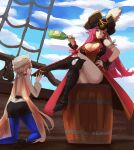  1boy 1girl absurdres alcohol blonde_hair blue_hair boots bottle breasts chair commentary_request commission cup drinking_glass fate/grand_order fate_(series) francis_drake_(fate) from_behind full_body hat hemaxyz highres licking licking_foot multiple_girls nemo_(fate) non-web_source pirate pirate_hat pirate_ship queen skull slave throne underboob wine wine_glass 