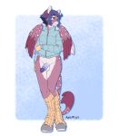  2023 anthro back_wings balls biped blue_eyes blue_hair blue_penis bottomless bottomless_male clothed clothing countershade_face countershade_torso countershading digitigrade eyebrows feathered_wings feathers felid front_view furgonomic_footwear genitals glans grey_body hair half-erect hi_res humanoid_genitalia humanoid_penis jacket leg_warmers legwear leopard_spots looking_away malachyte male mammal multicolored_body pantherine penis pink_nose short_hair simple_background snow_leopard solo spots standing tail tail_tuft teeth topwear tuft two_tone_body white_body white_spots wings winter_clothing 