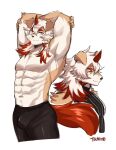  anthro arknights bulge canid canine canis chuurow clothed clothing domestic_dog fur hair hi_res horn hung_(arknights) hypergryph long_hair male mammal muscular muscular_anthro muscular_male red_hair red_horn red_tail solo studio_montagne tail tan_body tan_fur topless topless_anthro topless_male white_body white_fur white_hair yellow_eyes 