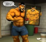  2017 abs anthro arm_tuft beard biceps black_hair blue_clothing blue_shirt blue_topwear braford brick_wall brown_eyes bucket claws clothing container dated dialogue english_text eyewear facial_hair felid female finger_claws fur goatee goggles gym hair holding_object kurt_(braford) lion looking_at_viewer male mammal muscular muscular_anthro muscular_female muscular_thighs navel pantherine pecs portrait_(object) pubes shirt signature smile solo speech_bubble text thank_you thymilph topwear triceps tuft wall_(structure) whiskers white_hair yellow_body yellow_fur 