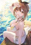  1girl :d arm_up atelier_(series) atelier_ryza atelier_ryza_1 bikini black_hairband bow_hairband breasts brown_eyes brown_hair cleavage commentary_request from_side hair_ornament hairband hairclip highres jewelry large_breasts looking_at_viewer necklace official_art ouri_(aya_pine) outdoors partially_submerged reisalin_stout short_hair short_shorts shorts side-tie_bikini_bottom sitting smile solo star_(symbol) star_necklace swimsuit teeth upper_teeth_only water wet white_shorts yellow_bikini 