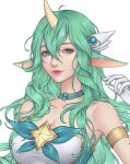  1girl animal_ears artelsia artist_name bare_shoulders breasts cleavage elbow_gloves gloves green_eyes green_hair highres horns large_breasts league_of_legends long_hair looking_at_viewer magical_girl pointy_ears simple_background single_horn solo soraka_(league_of_legends) star_guardian_(league_of_legends) star_guardian_soraka white_background white_gloves 