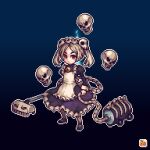  1girl apron black_dress bloody_marie_(skullgirls) blue_fire dress fire full_body gradient_background hair_ornament holding holding_vacuum_cleaner maid_headdress pennyroyal pixel_art red_eyes skull skull_hair_ornament skullgirls solo standing twintails white_apron white_hair 