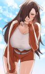  1girl alternate_costume braid breasts brown_eyes brown_hair cleavage covered_nipples exercise fire_emblem fire_emblem_fates grin hair_over_one_eye heavy_breathing highres huge_breasts jacket kagero_(fire_emblem) leaning_forward long_hair open_clothes open_jacket oyatsu_0 shorts smile solo sweat thighs very_long_hair 