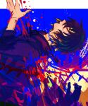  1boy black_hair black_hoodie blood blue_background chell_(nagi010) closed_eyes facing_up grey_background highres hood hood_down hoodie male_focus multicolored_background parted_lips scar scar_on_face scar_on_neck short_hair sketch slow_damage solo teeth towa_(slow_damage) 