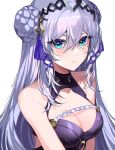  1girl bare_shoulders blue_eyes breasts cleavage grey_hair hair_between_eyes hair_bun hair_ornament highres large_breasts long_hair looking_at_viewer mole mole_on_breast mole_under_eye nijisanji nijisanji_en parted_lips savi_(byakushimc) sidelocks solo twitter_username upper_body victoria_brightshield virtual_youtuber 