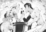  2boys arm_wrestling clenched_teeth crayon_shin-chan highres male_focus mechanical_parts millipen_(medium) multiple_boys niwatori_sennin nohara_hiroshi robot robot_hiroshi teeth toned toned_male topless_male traditional_media 