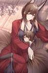  2girls absurdres amagi-chan_(azur_lane) amagi_(azur_lane) animal_ears azur_lane bare_shoulders between_legs blush breasts brown_hair closed_eyes cuddling eyeshadow fox_ears fox_girl fox_tail from_above hair_between_eyes hair_ornament hairpin hand_on_another&#039;s_back hand_on_own_cheek hand_on_own_face hand_up head_on_chest highres hug japanese_clothes kimono kitsune large_breasts leg_up long_hair long_sleeves looking_at_viewer looking_up lying makeup multiple_girls multiple_tails off_shoulder on_floor on_side pantyhose purple_eyes red_eyeshadow red_kimono samip sleeping sleeping_on_person smile tail tatami thighhighs very_long_hair wide_sleeves 