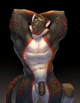  absurd_res anthro arm_above_head bublelery flaccid flexing_muscles foreskin genitals hi_res leopard_spots looking_at_viewer male muscular muscular_male nipples nomsi_(character) one_eye_closed penis pink_nipples solo spots wink winking_at_viewer yellow_eyes 