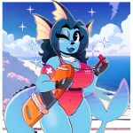  2023 absurd_res anthro arm_tuft beach big_breasts blue_eyes blue_hair breasts clothing cute_fangs eeveelution elbow_tuft eyebrows eyelashes fangs female fingerless_gloves generation_1_pokemon gloves hair handwear hi_res lifeguard looking_at_viewer nintendo one-piece_swimsuit one_eye_closed open_mouth outside pokemon pokemon_(species) rescue_buoy seaside shoulder_tuft solo sparkles swimwear teeth thigh_gap tuft vaporeon whistle wink wireless_shiba 