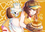  1girl :p animal_collar animal_ears animal_hands ano_natsu_de_matteru apron bandaid_on_thigh bent_over blush bone-shaped_pupils braid breasts brown_eyes brown_hair bulkobon cake cleavage collar commentary crop_top cropped_shirt dog_ears dog_girl dog_tail doggy_god&#039;s_street fangs food gloves hair_between_eyes holding holding_tray hololive hoso-inu inugami_korone long_hair looking_at_viewer low_twin_braids low_twintails paw_gloves red_collar shirt skirt sleeveless sleeveless_shirt solo tail tongue tongue_out tray twin_braids twintails visor_cap waist_apron white_apron yellow_headwear yellow_skirt yubi_yubi_(inugami_korone) 