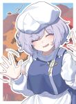  1girl apron closed_eyes commentary_request facing_viewer garasuno grey_hair highres lapel_pin leaf letty_whiterock long_sleeves open_mouth outdoors outline short_hair solo touhou upper_body white_apron white_headwear white_outline 