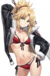  1girl bikini black_jacket blonde_hair braid breasts clarent_(fate) collar collarbone commentary fate/apocrypha fate/grand_order fate_(series) french_braid green_eyes highres jacket long_hair long_sleeves looking_at_viewer mordred_(fate) mordred_(fate/apocrypha) navel open_clothes open_jacket parted_bangs ponytail red_bikini sidelocks small_breasts smile solo swimsuit sword thighs tonee weapon 
