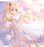  1girl :d balloon bare_shoulders blonde_hair blunt_bangs blurry blurry_background blush bow breasts center-flap_bangs cleavage cloud collarbone commentary_request dated dated_commentary detached_sleeves dress eyelashes floating_hair flower frilled_sleeves frills hair_intakes hair_ornament hair_ribbon hand_up heterochromia highres holding holding_flower hoshikawa_sara lens_flare letterboxed light_particles long_hair looking_at_viewer medium_breasts nijisanji ocean open_mouth orange_eyes orange_ribbon pink_flower ponytail red_eyes red_ribbon ribbon short_sleeves side_ponytail sidelocks sky sleeveless sleeveless_dress smile solo spaghetti_strap sundress sunlight very_long_hair virtual_youtuber water white_bow white_dress white_sleeves x_hair_ornament zky_(oekaky) 