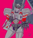  armor breasts colored_skin delari grey_panties grey_skin hand_on_own_chest highres mecha mecha_musume megaempress metal_skin panties red_background red_eyes robot science_fiction shoulder_armor thick_thighs thighs transformers underwear 