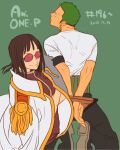  1boy 1girl aohr/atk armband arms_behind_back black_footwear black_hair black_pants blunt_bangs boots character_profile crossed_arms earrings green_background green_hair haramaki jewelry looking_at_viewer medium_hair nico_robin one_piece pants profile purple_shirt roronoa_zoro shirt short_hair simple_background smile sunglasses v-shaped_eyebrows white_shirt 