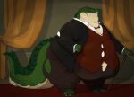  alligator alligatorid anthro baronshoebat belly belly_overhang big_belly bow_tie button_(fastener) cane chubby_cheeks classy claws clothed clothing crocodilian curtains detailed_background dewlap_(anatomy) double_chin green_body green_scales gular_flap inside male moobs morbidly_obese morbidly_obese_anthro morbidly_obese_male navel obese obese_anthro obese_male overweight overweight_anthro overweight_male reptile scales scalie solo standing straining_buttons suit suit_and_tie suit_jacket tail tail_ridge tan_body tan_scales teeth thick_tail thick_thighs toe_claws topwear torn_clothing vest 