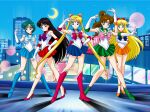  5girls absurdres aino_minako bishoujo_senshi_sailor_moon blue_bow boots bow brown_hair city gloves green_eyes green_footwear green_sailor_collar green_skirt highres hino_rei kino_makoto long_hair magical_girl mizuno_ami moon multiple_girls night official_art orange_footwear orange_skirt pink_bow red_skirt sailor_collar sailor_jupiter sailor_mars sailor_mercury sailor_moon sailor_venus shadow short_hair skirt smile tsukino_usagi white_gloves 