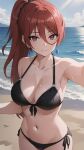  1girl artist_request beach bikini black_bikini breasts collarbone earrings highres ikusaba_maya isekai_one_turn_kill_nee-san:_ane_douhan_no_isekai_seikatsu_hajimemashita jewelry large_breasts long_hair looking_at_viewer navel ocean red_eyes red_hair sunlight swimsuit water_drop 