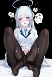  1girl absurdres bar_censor black_pantyhose blue_archive blue_necktie blush censored collared_shirt female_masturbation glacier_68a grey_hair halo heart highres jacket long_hair looking_at_viewer masturbation masturbation_through_clothes mechanical_halo necktie noa_(blue_archive) open_mouth pantyhose purple_eyes shirt solo speech_bubble suit translation_request white_jacket white_shirt 