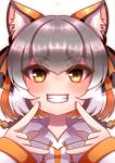  1girl absurdres animal_ears extra_ears fox_ears fox_girl grey_hair highres hikarikmy hood hoodie island_fox_(kemono_friends) kemono_friends kemono_friends_v_project long_hair looking_at_viewer multicolored_hair orange_hair ribbon simple_background solo teeth two-tone_hair virtual_youtuber white_background yellow_eyes 