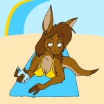  beach bikini brown_body brown_fur clothing female fur kangaroo macropod mammal marsupial seaside sunscreen swimwear tabbiewolf towel 
