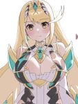  1girl bare_shoulders blonde_hair breasts brown_eyes cleavage cleavage_cutout closed_mouth clothing_cutout commentary_request dress headpiece highres large_breasts long_hair looking_at_viewer mythra_(xenoblade) sleeveless sleeveless_dress smile solo swept_bangs upper_body very_long_hair white_dress xenoblade_chronicles_(series) xenoblade_chronicles_2 yuki_piko 