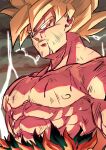  1boy 9302w_(user_wjpg8475) blonde_hair blood dragon_ball dragon_ball_z highres injury lightning looking_at_viewer male_focus muscular muscular_male overcast red_eyes scuffed serious sky solo son_goku spiked_hair super_saiyan super_saiyan_1 torn_clothes upper_body 