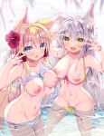 2girls animal_ear_fluff animal_ears arm_up bangle bare_arms bare_shoulders bikini bikini_pull blonde_hair blue_eyes bracelet breasts breasts_out clothes_pull collarbone commentary_request double_v flower fox_ears fox_girl fox_tail frilled_bikini frills grey_hair hair_between_eyes hair_flower hair_ornament hand_up hibiscus highres jewelry medium_breasts multiple_girls nipples original red_flower swimsuit tail tateha_(marvelous_grace) v water white_bikini yellow_bikini yellow_eyes 