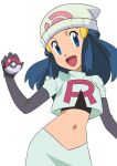  1girl :d beanie black_shirt blue_eyes cosplay cropped_jacket dawn_(pokemon) elbow_gloves eyelashes gloves hainchu hair_ornament hairclip hand_up hat highres holding holding_poke_ball jacket jessie_(pokemon) jessie_(pokemon)_(cosplay) logo long_hair midriff navel open_mouth poke_ball poke_ball_(basic) pokemon pokemon_(anime) pokemon_dppt_(anime) shirt sidelocks simple_background skirt smile solo team_rocket team_rocket_uniform tongue white_background white_headwear white_jacket white_skirt 