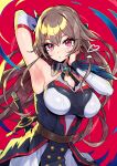  1girl armpits belt breasts brown_hair detached_sleeves dress furen_e_lustario hair_between_eyes highres large_breasts long_hair looking_at_viewer muco_lita nijisanji parted_lips presenting_armpit red_background red_eyes sheath sheathed simple_background solo sword virtual_youtuber weapon 