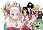  187713 1girl 3boys afro alternate_costume black_hair blonde_hair brook_(one_piece) closed_mouth dress earrings flower hair_flower hair_ornament hat horns japanese_clothes jewelry lipstick long_hair makeup momonosuke_(one_piece) multicolored_hair multiple_boys official_alternate_costume oiran one_piece oni oni_horns open_mouth sanji_(one_piece) short_hair signature smile top_hat yamato_(one_piece) 