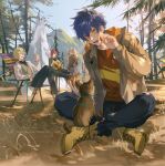  4boys blue_eyes blue_hair boots camping chair closed_mouth crossed_legs cup dark_blue_hair dog ensemble_stars! folding_chair food glasses green_hair grey_hair hair_between_eyes holding holding_cup holding_food hood hood_down long_hair long_sleeves male_focus multiple_boys open_mouth outdoors ponytail purple_hair ran_nagisa rrr_(reason) saegusa_ibara sazanami_jun shoelaces short_hair sitting teeth tomoe_hiyori tree twitter_username yellow_eyes 