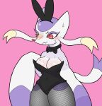  anthro black_bow_tie black_clothing blush bodily_fluids bow_tie breasts camel_toe clothed clothing dipstick_tail eyelashes female fishnet fishnet_legwear fur generation_5_pokemon hi_res legwear markings mienshao navel_outline nintendo pokemon pokemon_(species) purple_body purple_fur purple_tail_tip red_eyes red_nose seegmuh simple_background solo standing sweat tail tail_markings white_body white_fur white_tail yellow_body yellow_fur 
