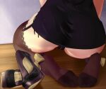  1girl aru_(blue_archive) ass black_footwear black_panties black_skirt blue_archive brown_thighhighs commentary english_commentary feet foot_focus from_behind high_heels highres indoors lace-trimmed_legwear lace_trim lower_body miniskirt no_shoes on_ground paid_reward_available panties partially_visible_vulva seiza shadow shoes shoes_removed side_slit sitting skirt soles solo thighhighs thighs toes underwear vibncent wooden_floor 