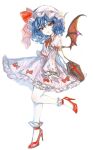  1girl bat_wings d: dress full_body hat high_heels highres kyogoku-uru mob_cap nail_polish red_footwear red_nails remilia_scarlet simple_background sleeves_past_wrists solo standing standing_on_one_leg touhou white_background white_dress wings 