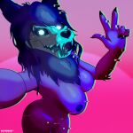  absurd_res ambiguous_gender anthro black_body black_fur bone breasts canid canine fur gesture glowing glowing_eyes hi_res looking_at_viewer mal0 mammal monster nude rottieridge scp-1471 scp-1471-a scp_foundation selfie simple_background skull skull_head solo v_sign 