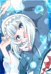  1girl :d blue_hair blue_hood blue_jacket blue_nails commentary fingernails gawr_gura hololive hololive_english hood ixy jacket long_sleeves looking_at_viewer multicolored_hair nail_polish sharp_teeth smile solo symbol-only_commentary teeth two-tone_hair virtual_youtuber white_hair 
