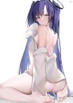  1girl absurdres ass bare_shoulders barefoot blue_archive blue_eyes blush breasts halo highres long_hair parted_bangs purple_hair shirt soles solo two_side_up white_background white_shirt yanwulazy yuuka_(blue_archive) 