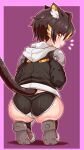  1girl animal_ears armor ass black_footwear black_hair black_jacket black_panties cat_ears cat_girl cat_tail closed_mouth commentary cougar_(cougar1404) cut_cat from_behind full_body hood hood_down hooded_jacket jacket kua_(cut_cat) long_sleeves looking_at_viewer looking_back multicolored_hair no_pants notice_lines orange_eyes orange_hair panties pauldrons prototype_design purple_background ribbed_panties shadow shoes short_hair shoulder_armor smile solo squatting streaked_hair tail underwear 