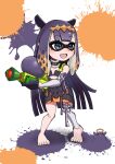  1girl 1other barefoot bol_factory dress flat_chest full_body highres hololive hololive_english inkling inkling_girl ninomae_ina&#039;nis painting_(action) purple_dress purple_eyes simple_background splatoon_(series) standing takodachi_(ninomae_ina&#039;nis) thighhighs virtual_youtuber water_gun white_background white_thighhighs 