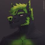  1:1 acidwuff anthro bust_portrait canid fangs fur green_body green_fur green_hair green_nose grey_background grey_body grey_fur grey_inner_ear_fluff hair hi_res inner_ear_fluff looking_at_viewer male mammal mouth_closed portrait red_eyes short_hair simple_background solo teeth tuft 