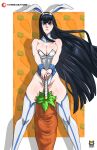  1girl absurdres animal_ears ass_visible_through_thighs bare_shoulders black_hair blue_eyes border breasts carrot cleavage closed_mouth detached_collar fake_animal_ears highres kill_la_kill kiryuuin_satsuki kyoffie leotard lips long_hair looking_down planted planted_sword playboy_bunny rabbit_ears serious shadow solo standing sword thighhighs weapon white_border white_leotard white_thighhighs wrist_cuffs 